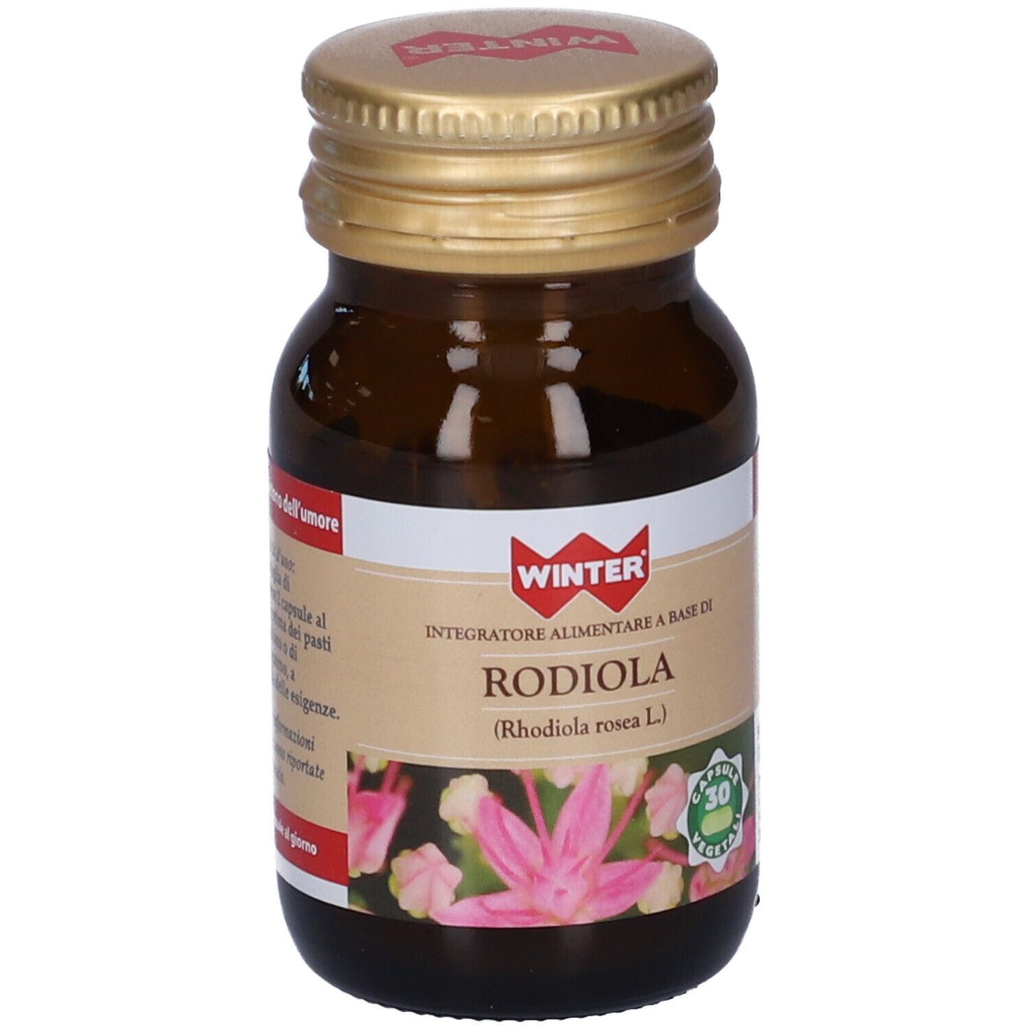 Flacone marrone. Etichetta con testo: Rodiola, 30 capsule, vegetali, logo.