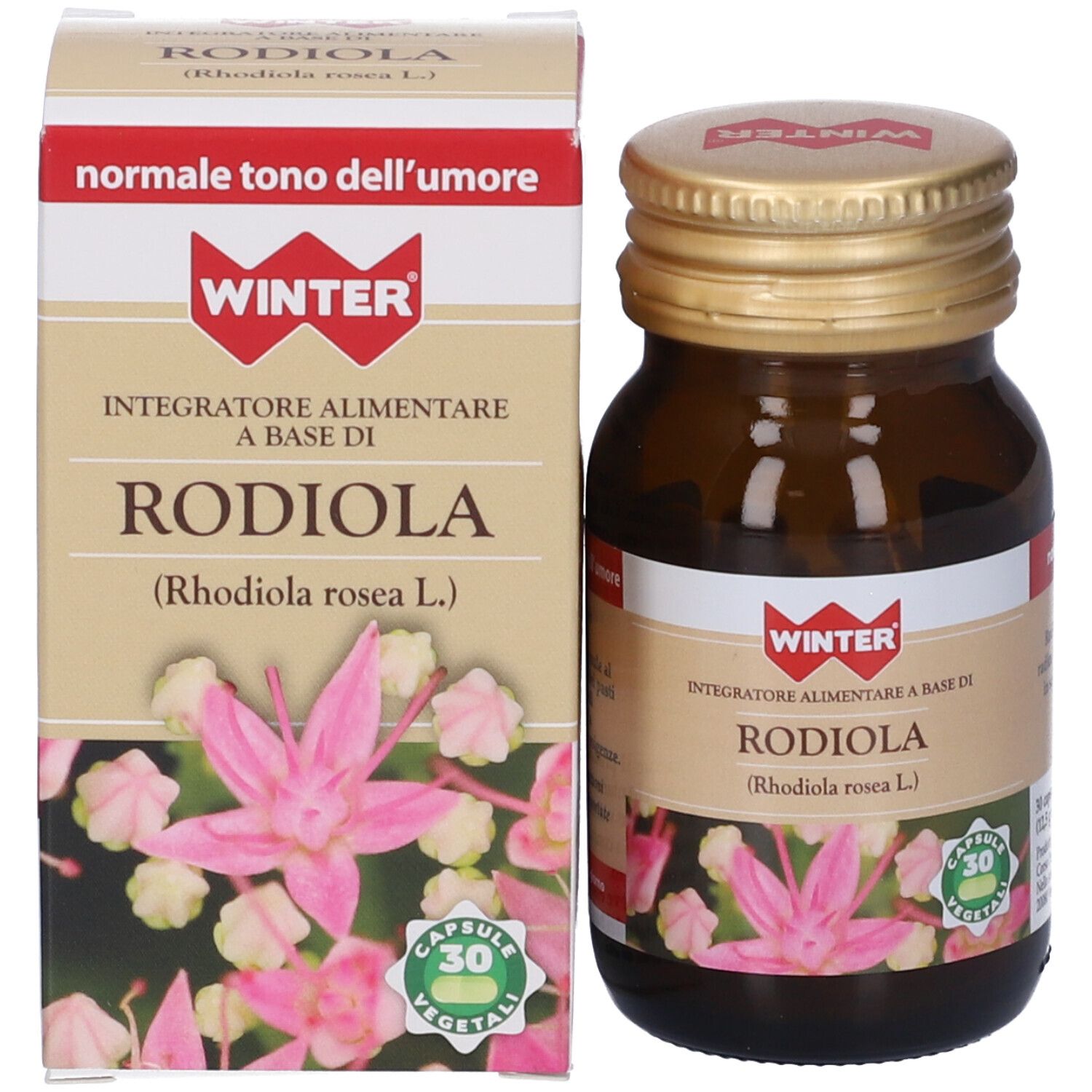 Flacone e scatola. Scatola con testo: Rodiola, 30 capsule, logo.