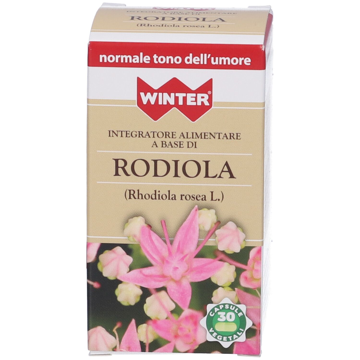 Confezione del prodotto. Scatola con testo: Rodiola, 30 capsule, logo.