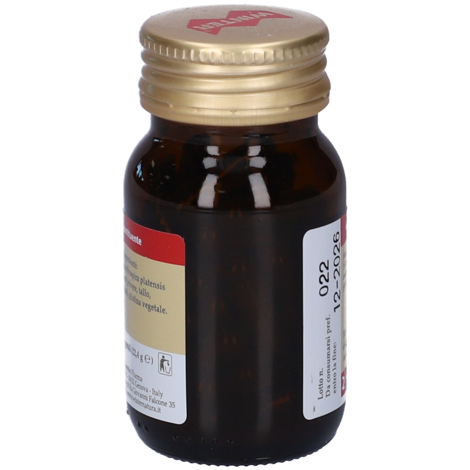 Flacone di vetro marrone con tappo dorato. Etichetta con informazioni sul prodotto e numero di lotto. Contiene spirulina.