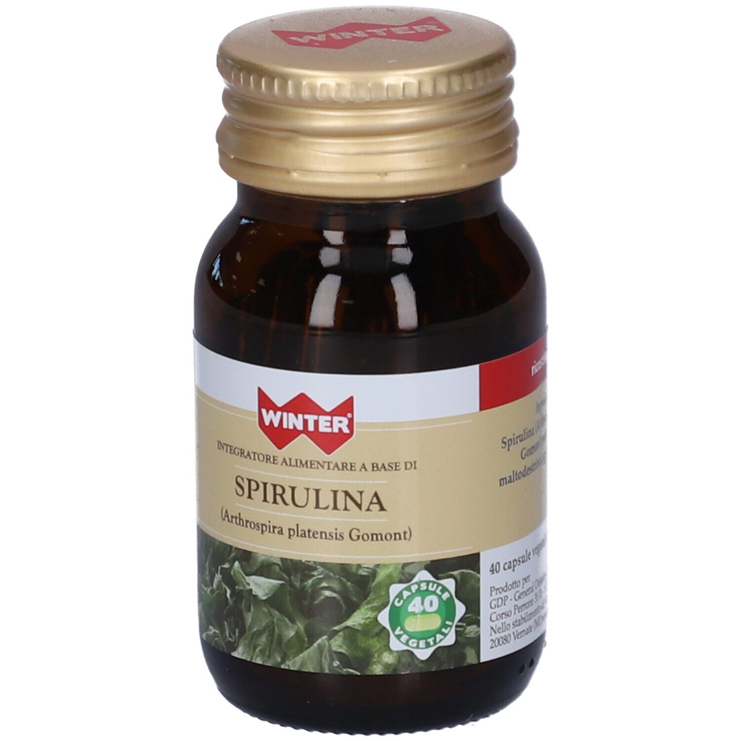 Flacone di vetro marrone con tappo dorato. Etichetta con nome del prodotto e logo. Contiene 40 capsule vegetali.