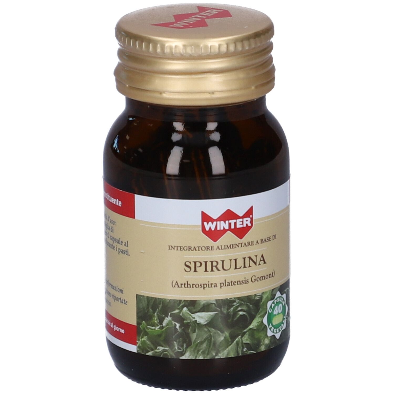 Flacone di vetro marrone con tappo dorato. Etichetta con nome del prodotto e logo. Contiene 40 capsule vegetali.