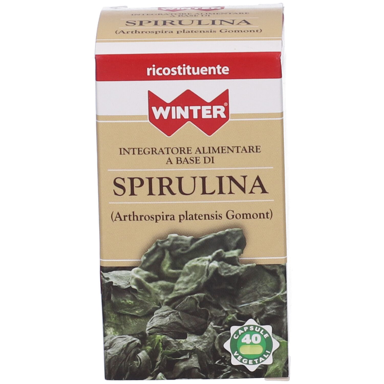 Confezione del prodotto. Scatola con nome del prodotto e logo. Contiene 40 capsule vegetali.