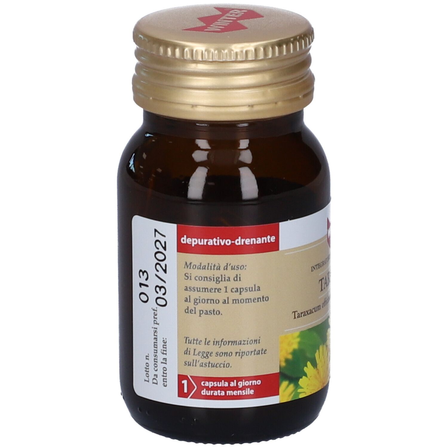 Flacone di vetro marrone con tappo dorato. Etichetta con informazioni sul prodotto. Scadenza 03/2027. 1 capsula al giorno.