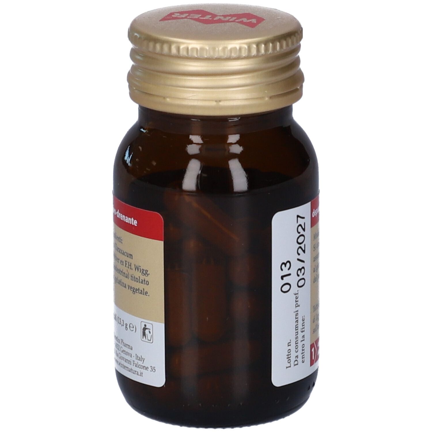 Flacone di vetro marrone con tappo dorato. Etichetta con informazioni sul prodotto. Capsule visibili.