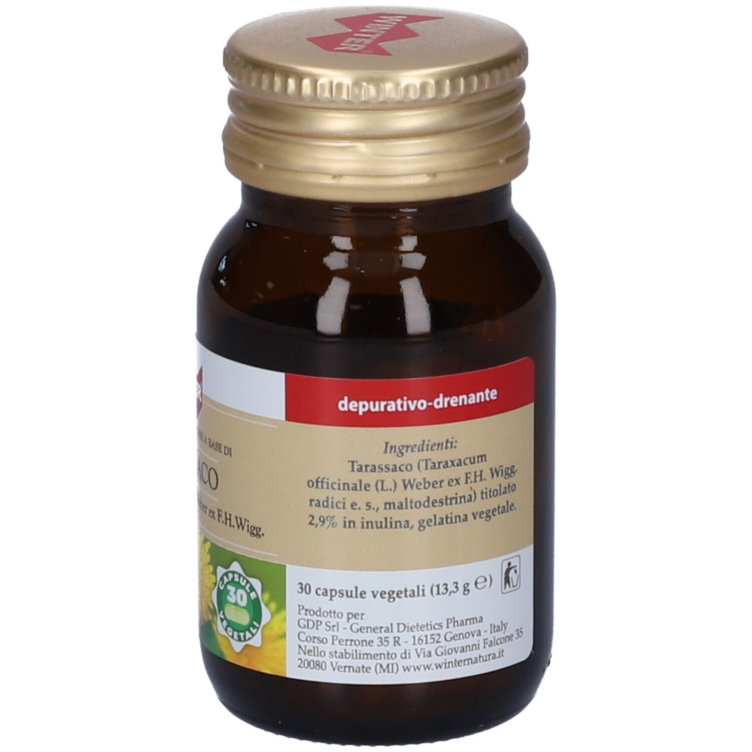 Flacone di vetro marrone con tappo dorato. Etichetta con ingredienti: Tarassaco, inulina, gelatina.