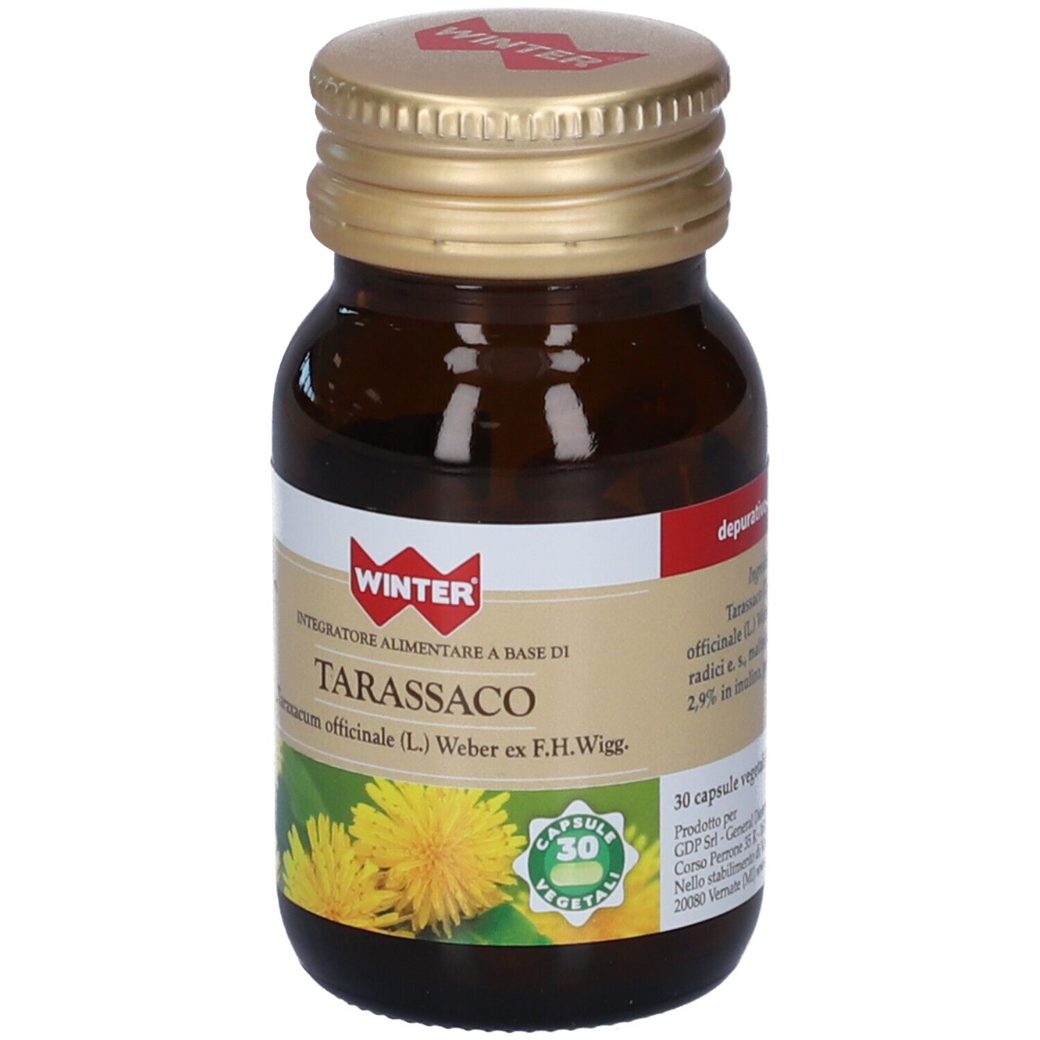 Flacone di vetro marrone con tappo dorato. Etichetta con nome del prodotto e logo. 30 capsule.