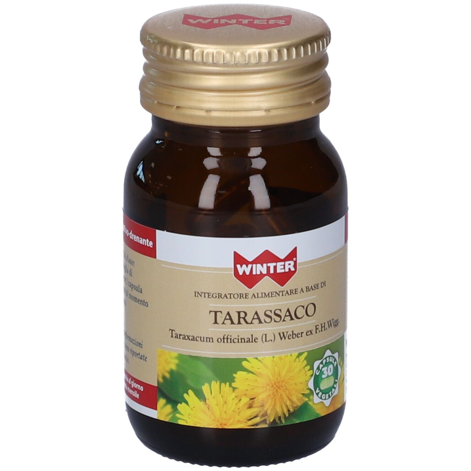 Flacone di vetro marrone con tappo dorato. Etichetta con nome del prodotto e logo. 30 capsule.