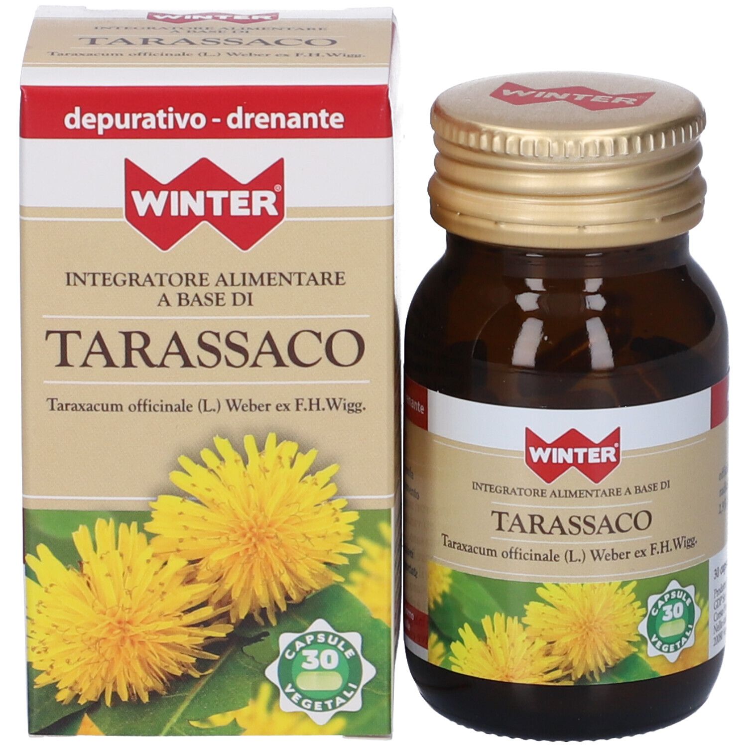 Flacone di vetro marrone e scatola. Scatola con nome del prodotto e logo. 30 capsule. Fiori gialli.