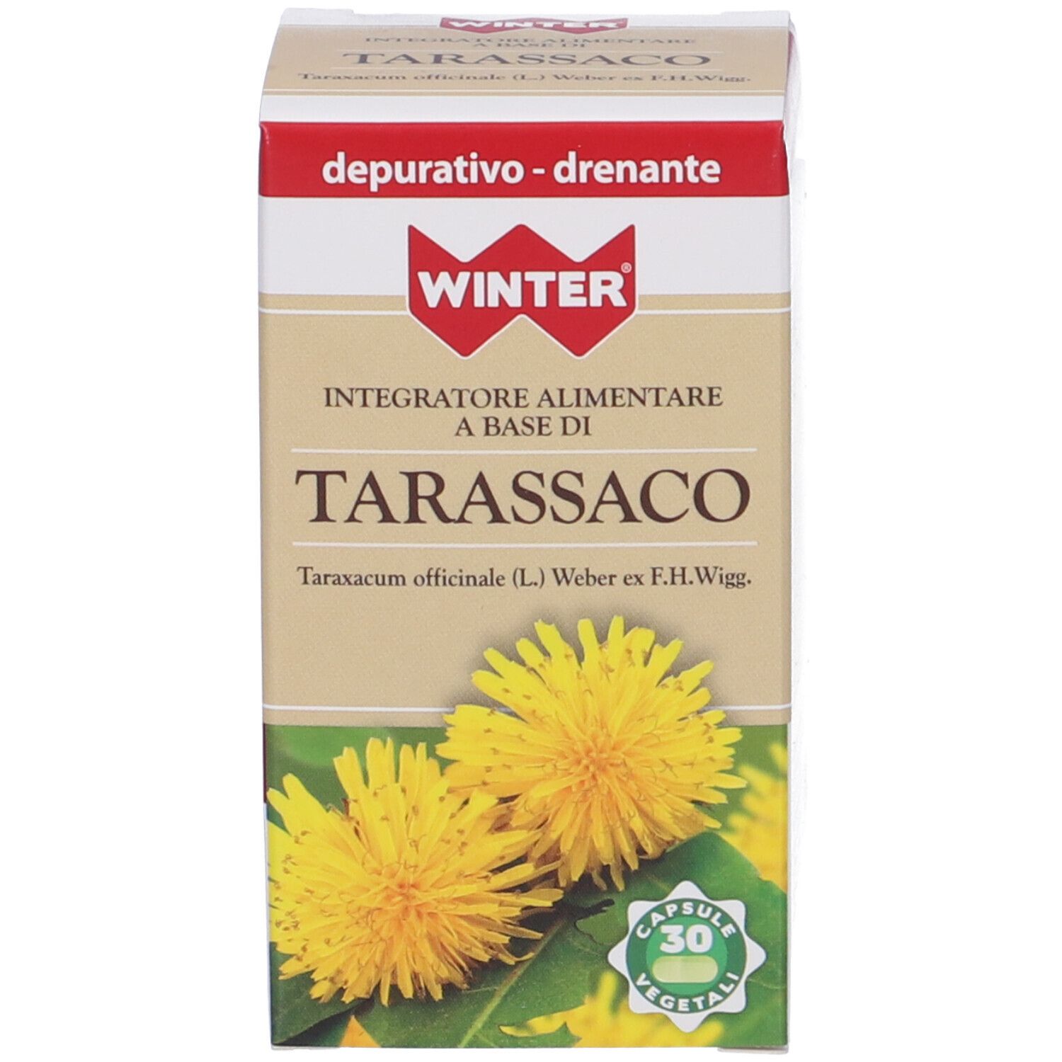 Confezione del prodotto. Scatola con nome del prodotto e logo. 30 capsule. Fiori gialli.