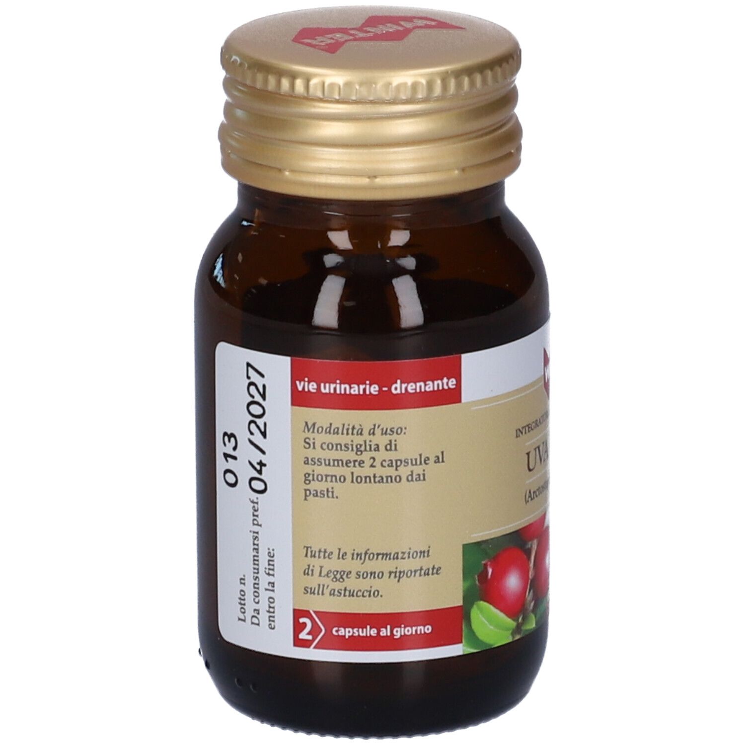 Flacone di vetro marrone, tappo dorato. Etichetta con informazioni prodotto e data di scadenza. 2 capsule al giorno.