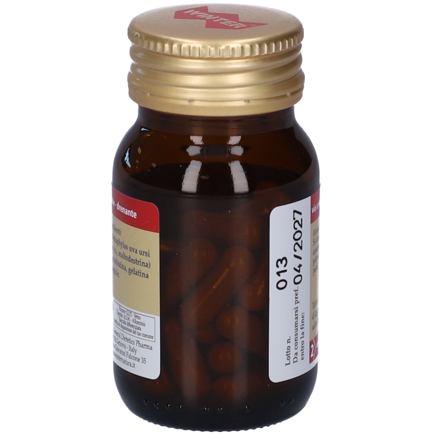 Flacone di vetro marrone, tappo dorato. Capsule visibili. Etichetta con informazioni prodotto e data di scadenza.