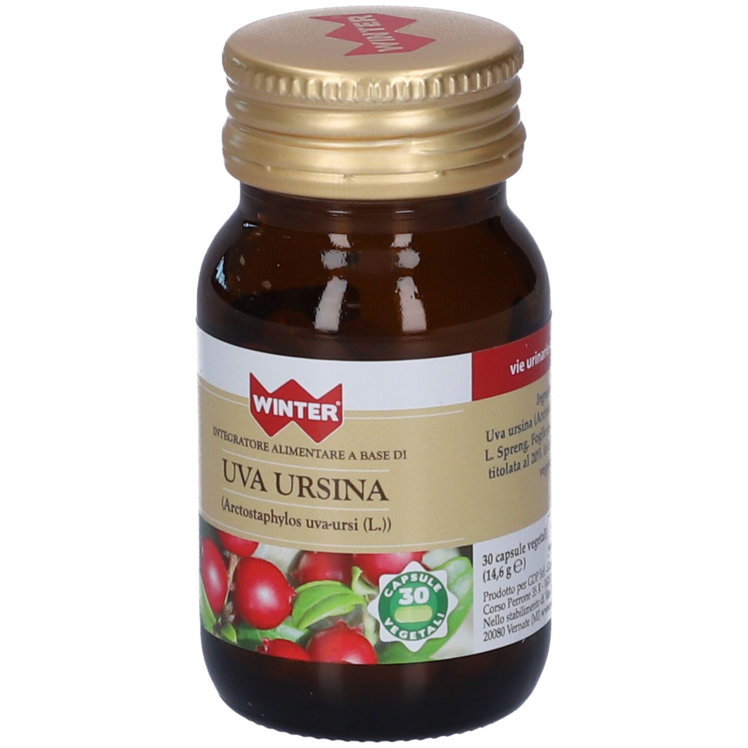 Flacone di vetro marrone, tappo dorato. Etichetta con nome prodotto e bacche rosse. 30 capsule vegetali.