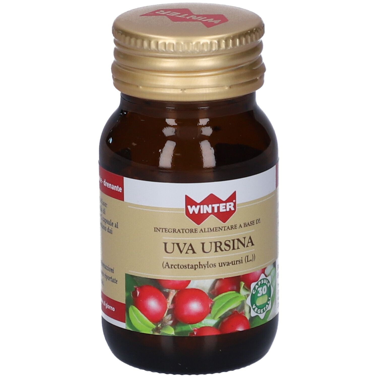 Flacone di vetro marrone, tappo dorato. Etichetta con nome prodotto e illustrazione di bacche rosse. 30 capsule vegetali.