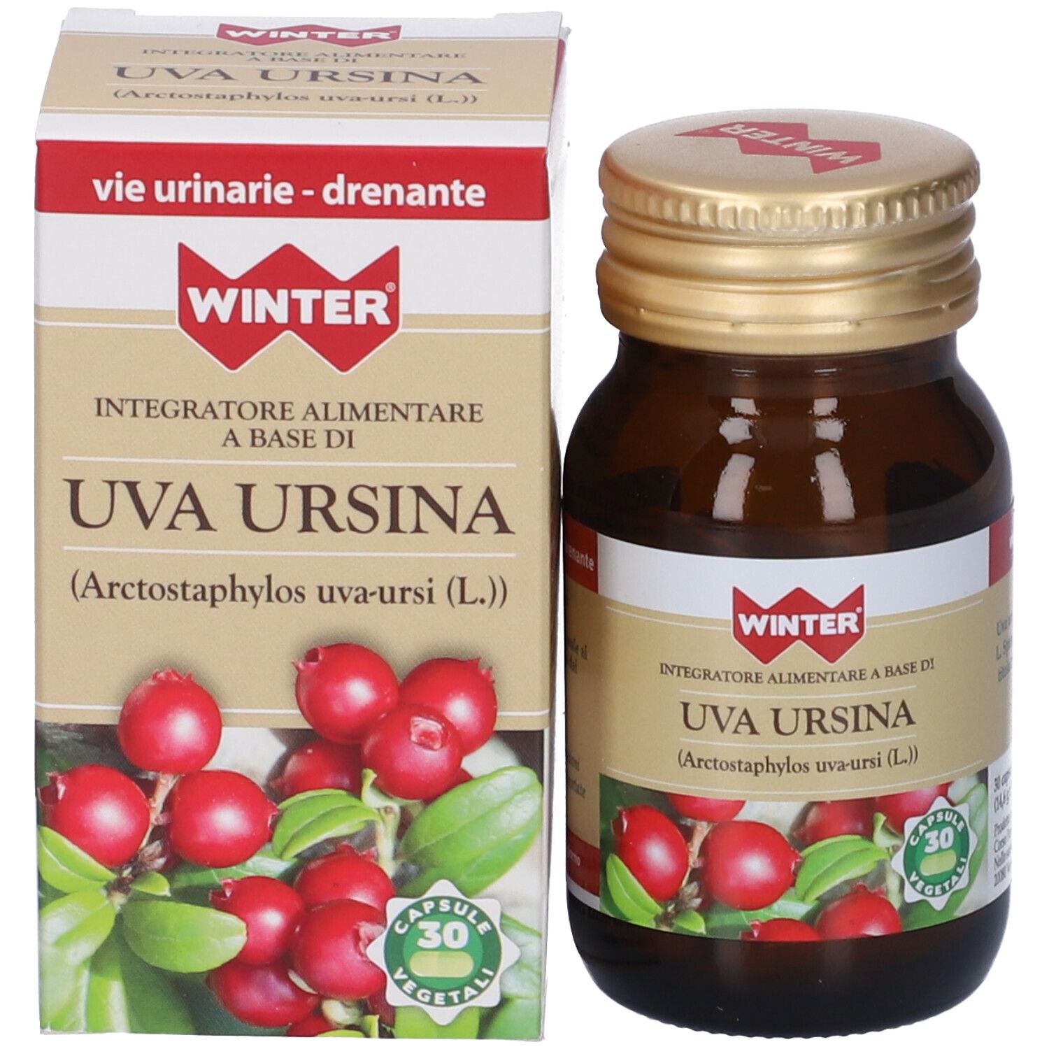 Flacone e confezione del prodotto. Flacone marrone, tappo dorato. Scatola con nome prodotto e illustrazione di bacche.