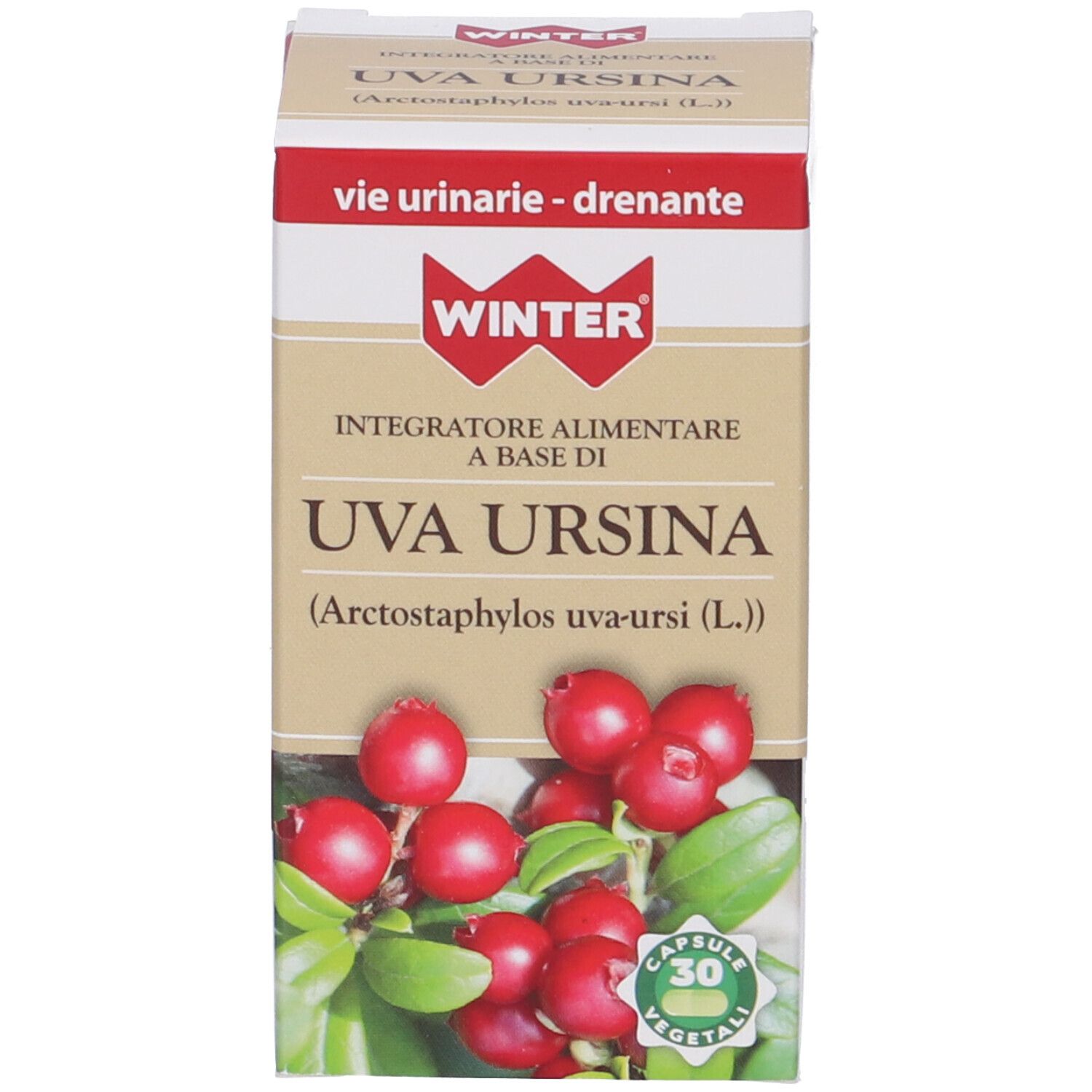 Confezione del prodotto. Scatola con nome prodotto, illustrazione di bacche e 30 capsule vegetali.