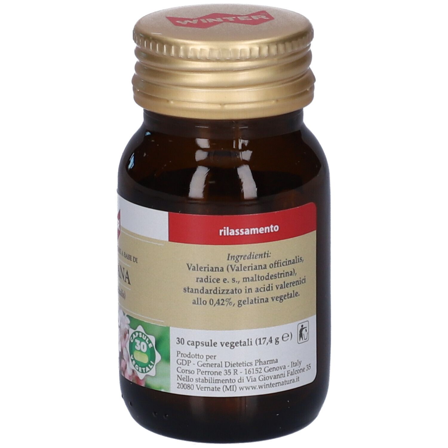 Flacone di vetro marrone con tappo dorato. Etichetta con ingredienti e informazioni produttore.