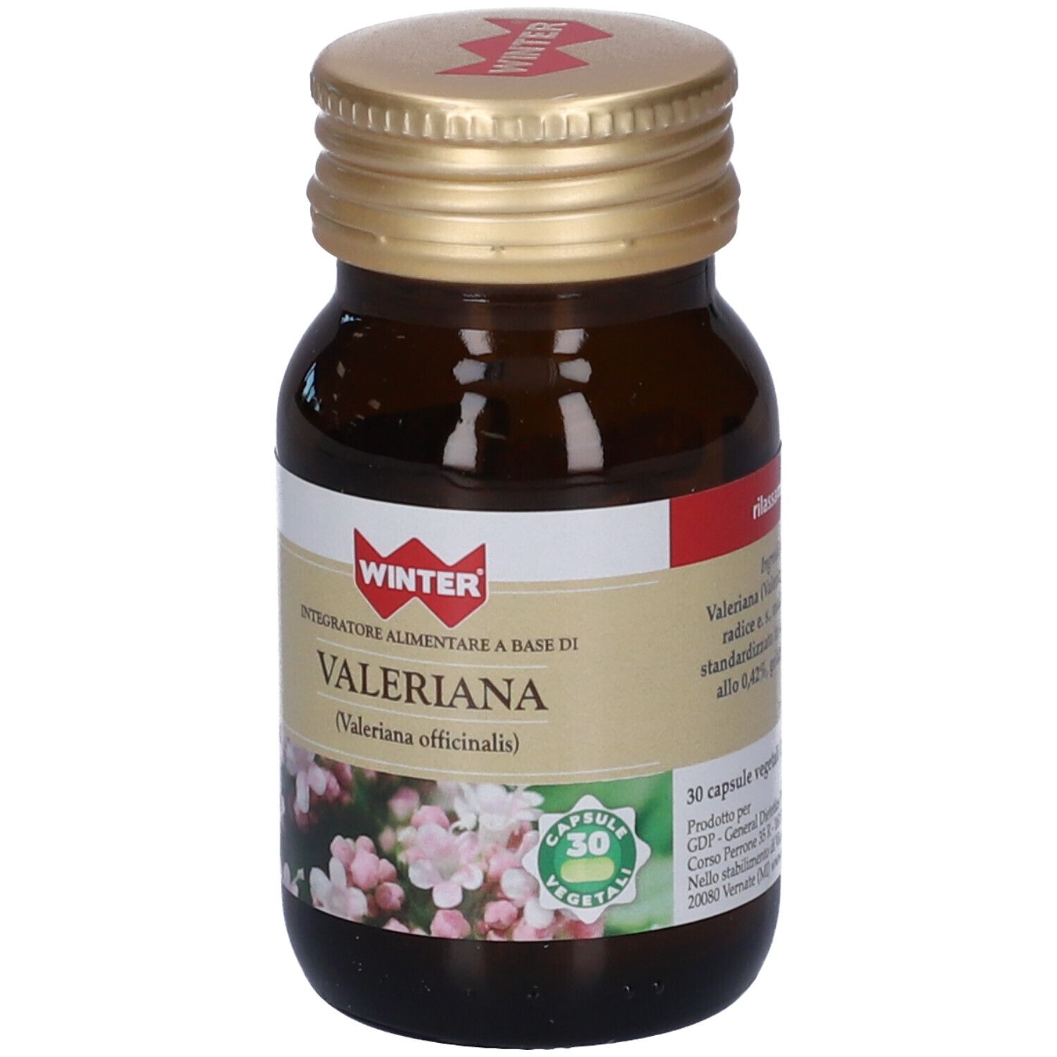 Flacone di vetro marrone con tappo dorato. Etichetta con nome Valeriana e logo. 30 capsule.