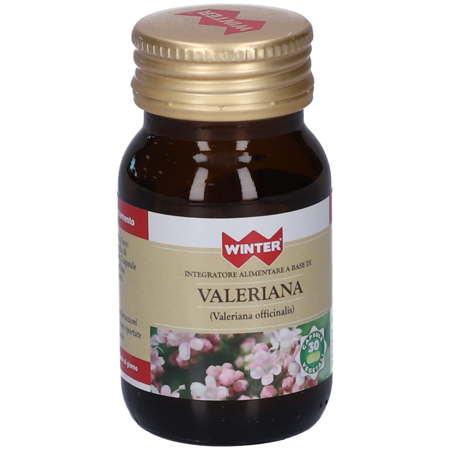 Flacone di vetro marrone con tappo dorato. Etichetta con nome Valeriana e logo. 30 capsule.