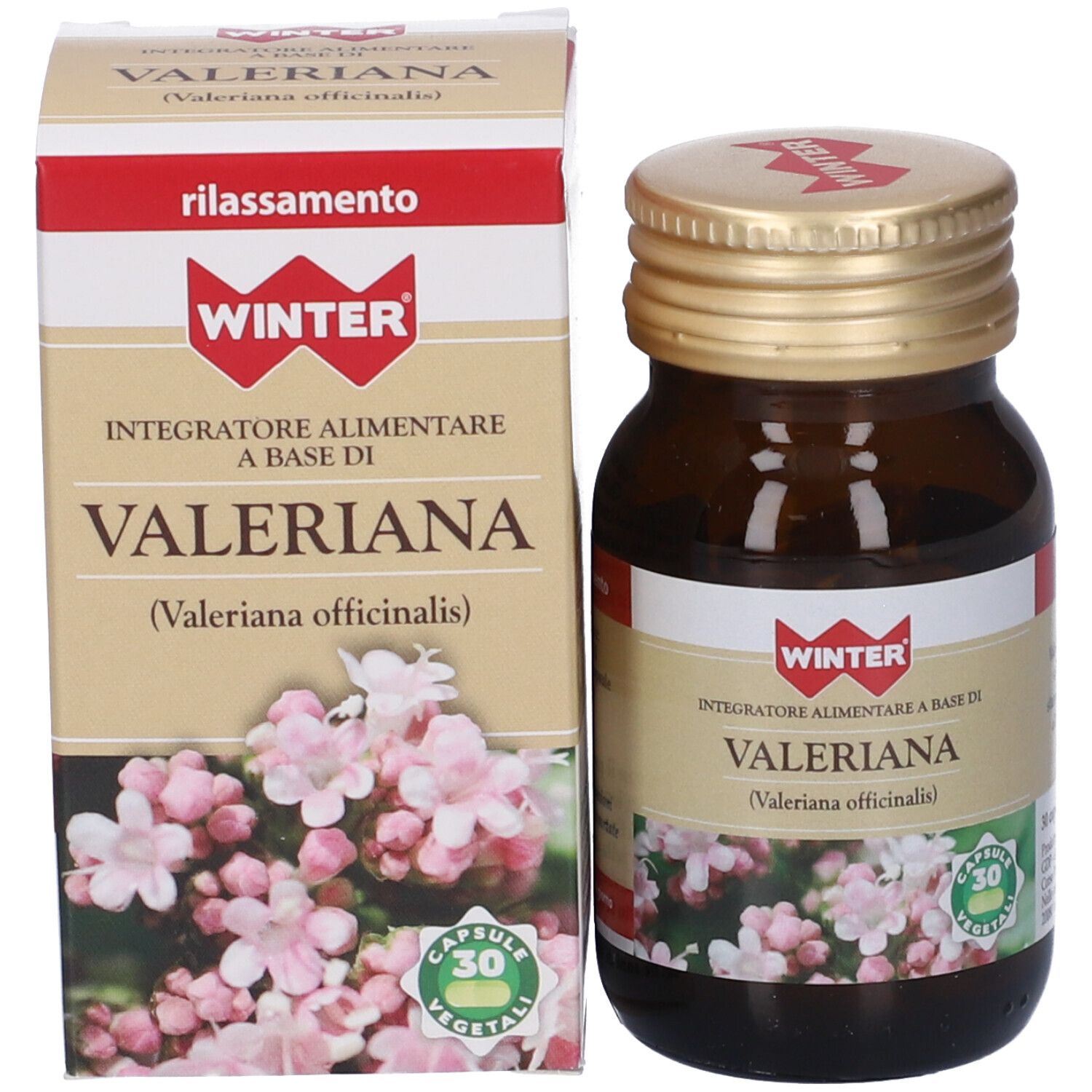 Flacone di vetro marrone e scatola. Sulla scatola, Valeriana. 30 capsule. Logo e nome del prodotto.