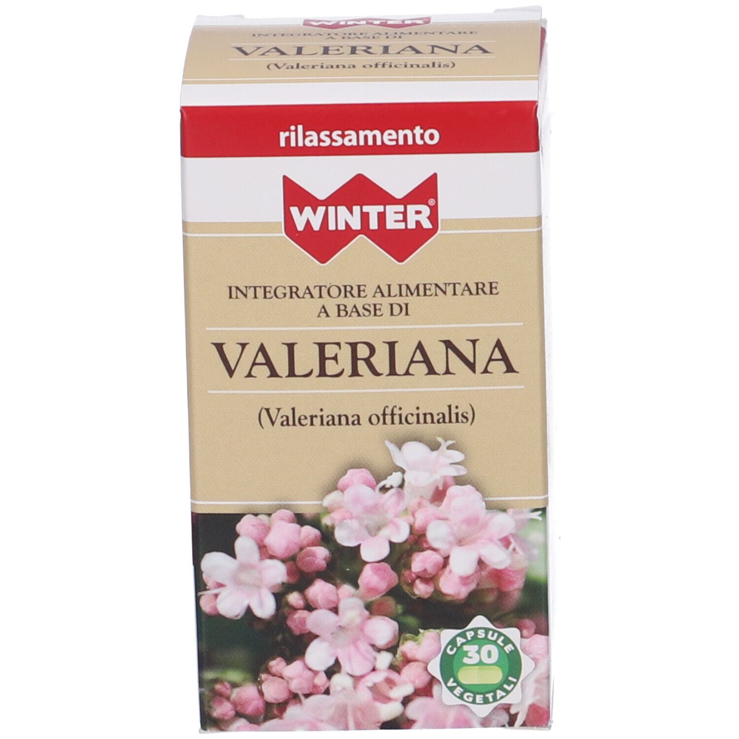 Scatola con nome Valeriana e logo. 30 capsule. Stampa con motivo floreale.