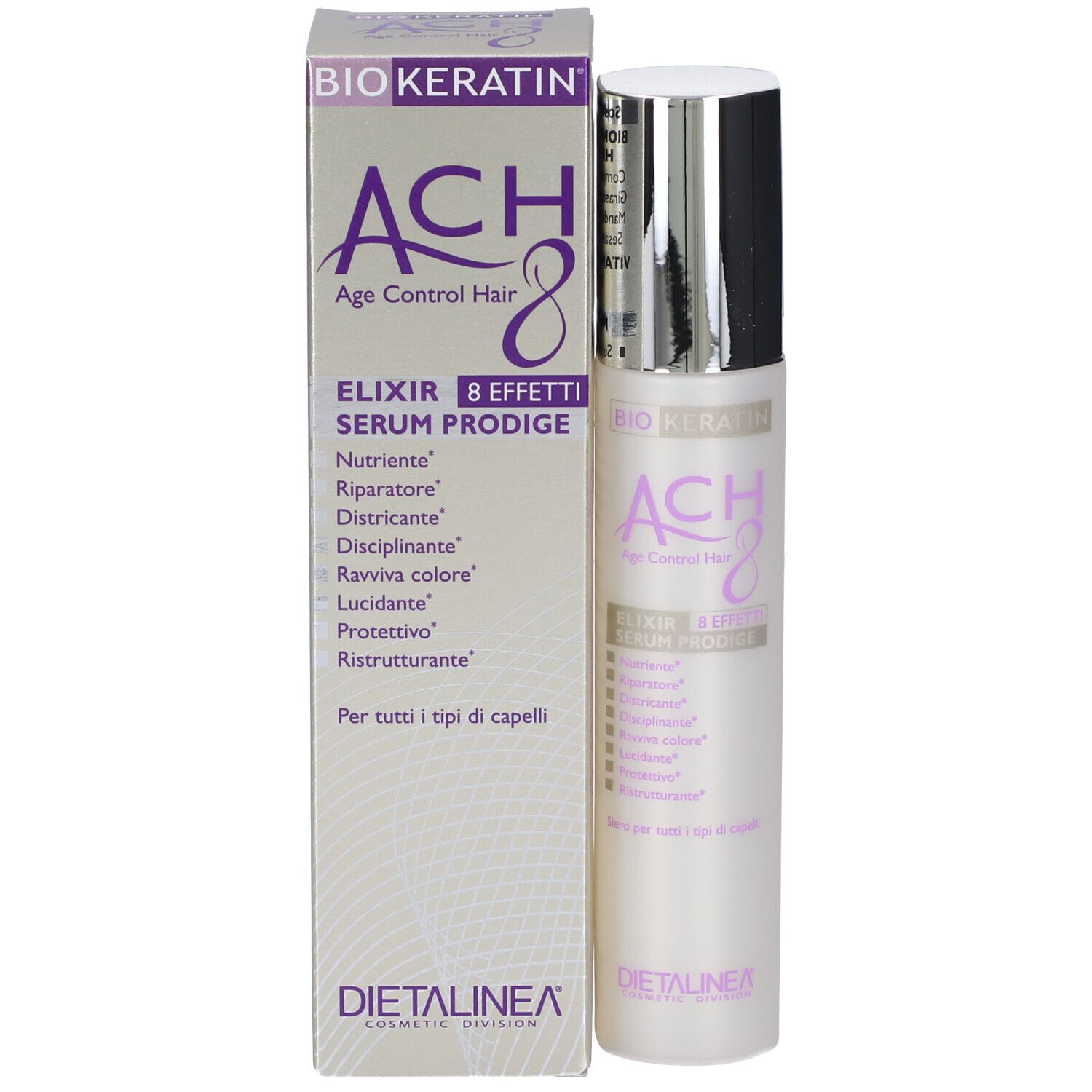 Flacone e confezione del prodotto. Scritte: BIO KERATIN, ACH8, Elixir Serum Prodige. Marchio DIETALINEA.