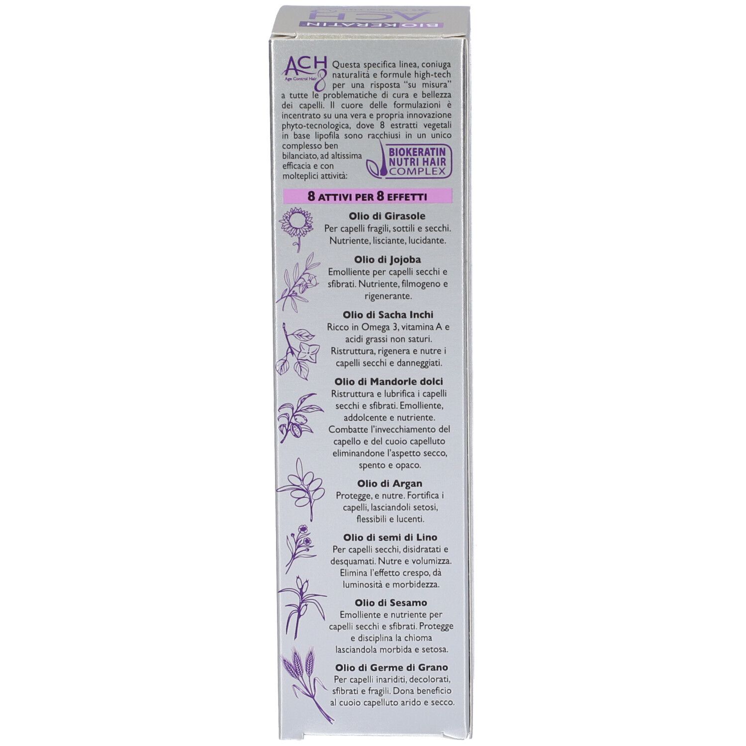 Confezione, lato. Elenco degli ingredienti e delle loro proprietà. Testo in italiano.