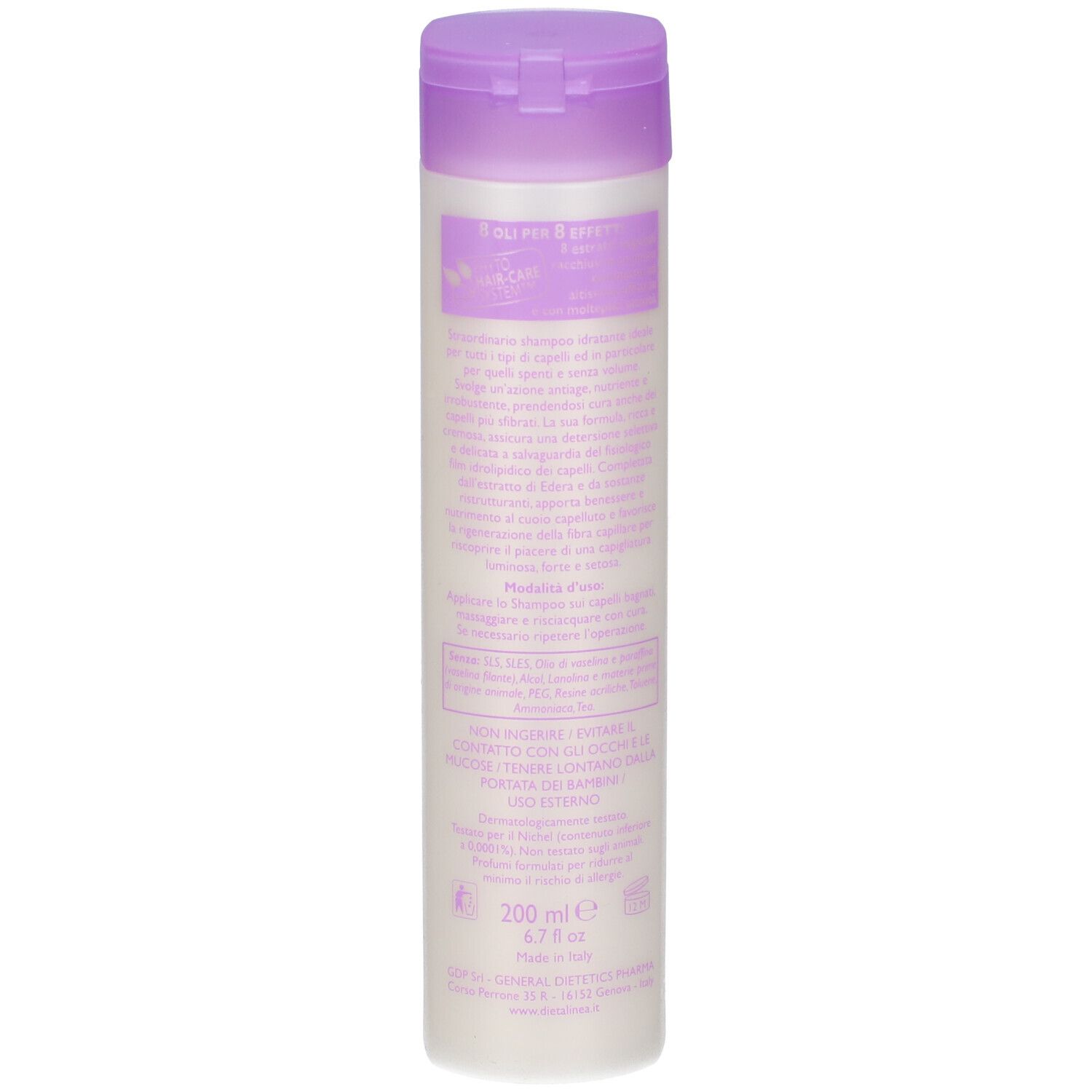 Retro del flacone. Testo in italiano. Volume: 200 ml. Dietalinea.