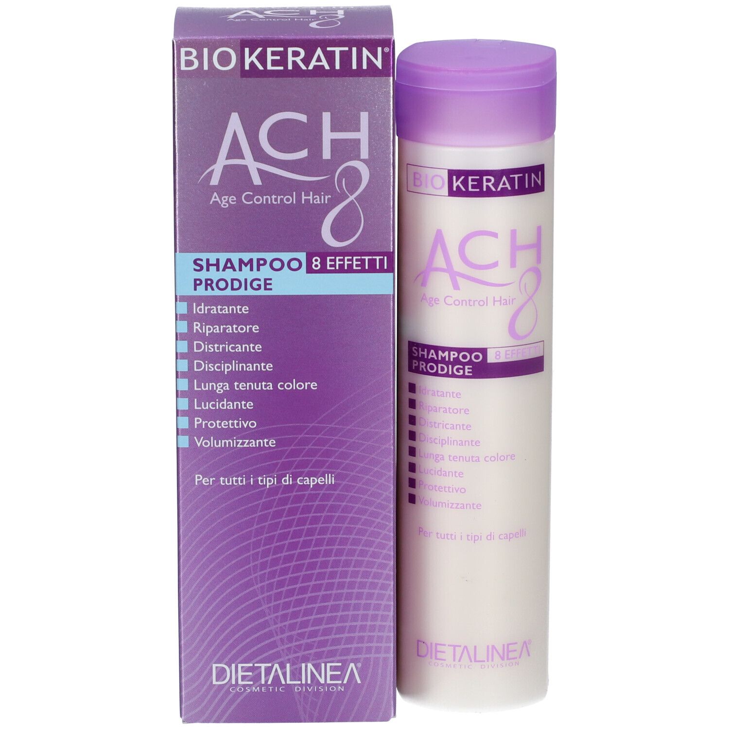 Prodotto e confezione. Flacone e scatola. Scritta: BIO KERATIN, ACH8, Shampoo Prodige. Dietalinea.