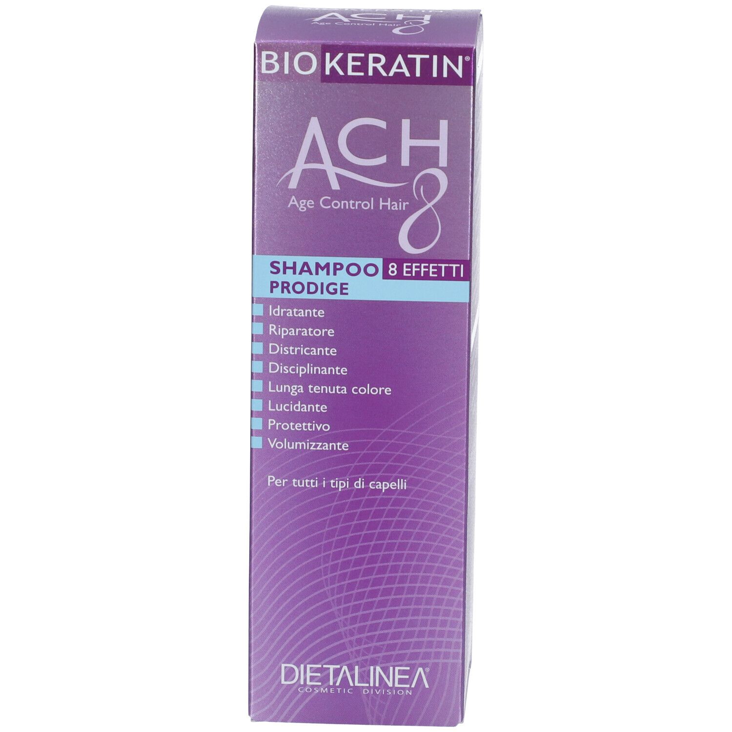 Scatola viola. Scritta: BIO KERATIN, ACH8, Shampoo Prodige. Dietalinea.