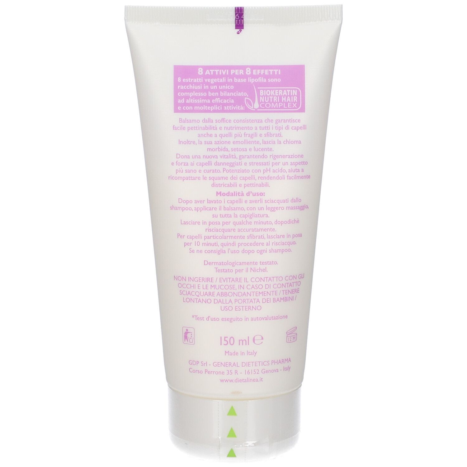 Confezione del prodotto. Testo: 8 attivi. Ingredienti e istruzioni per l'uso. 150 ml.