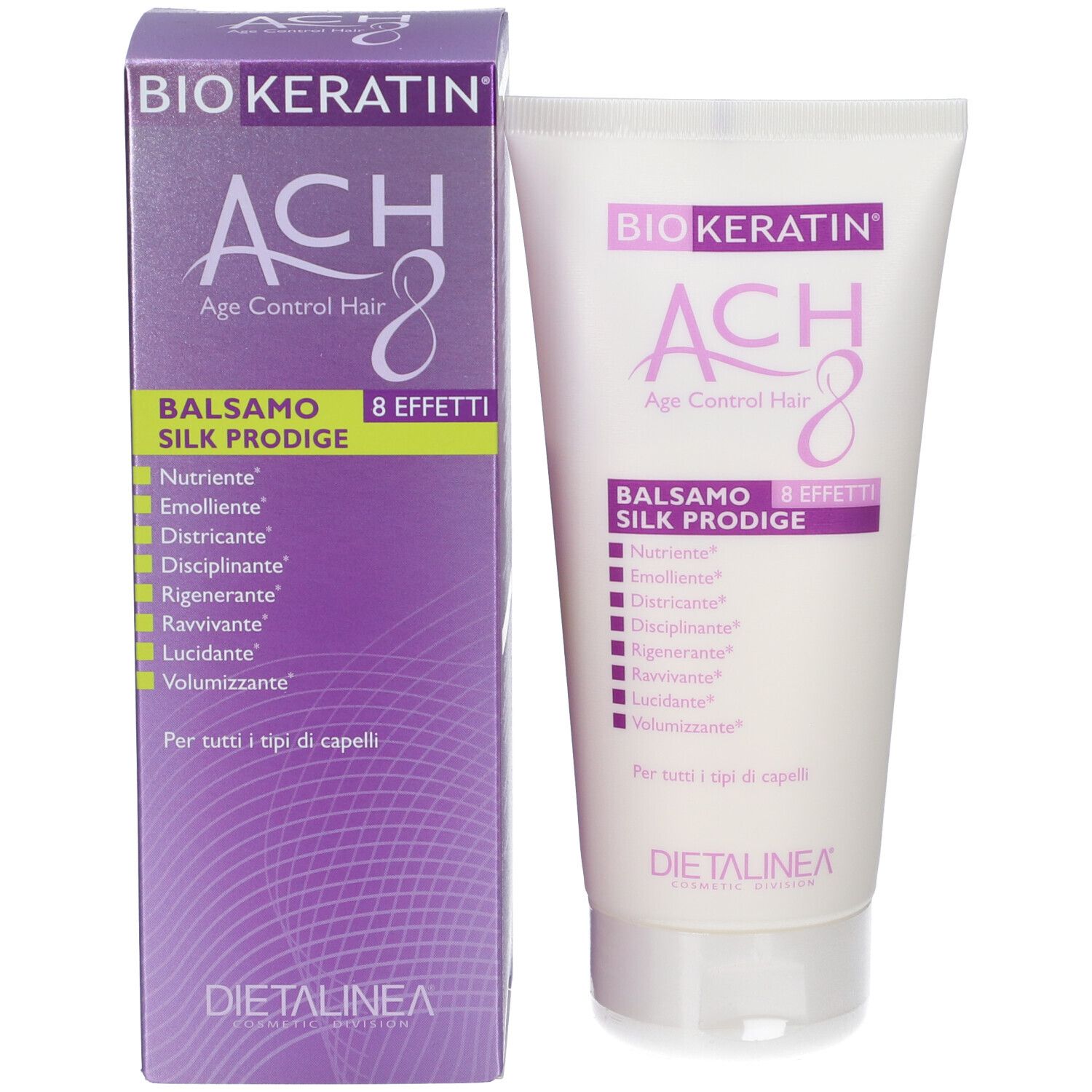 Prodotto e confezione. Scritta: BIOKERATIN ACH8 Balsamo Silk Prodige. Confezione viola e bianca.