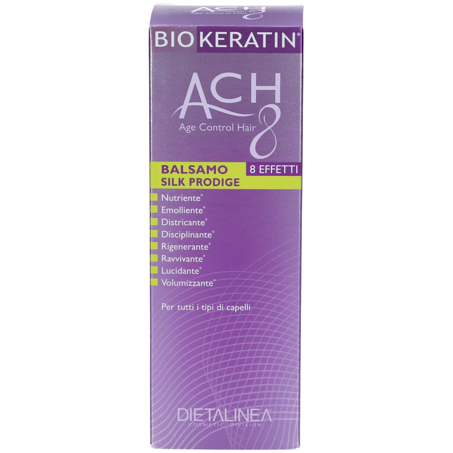 Confezione del prodotto. Scritta: BIOKERATIN ACH8 Balsamo Silk Prodige. Confezione viola e bianca.