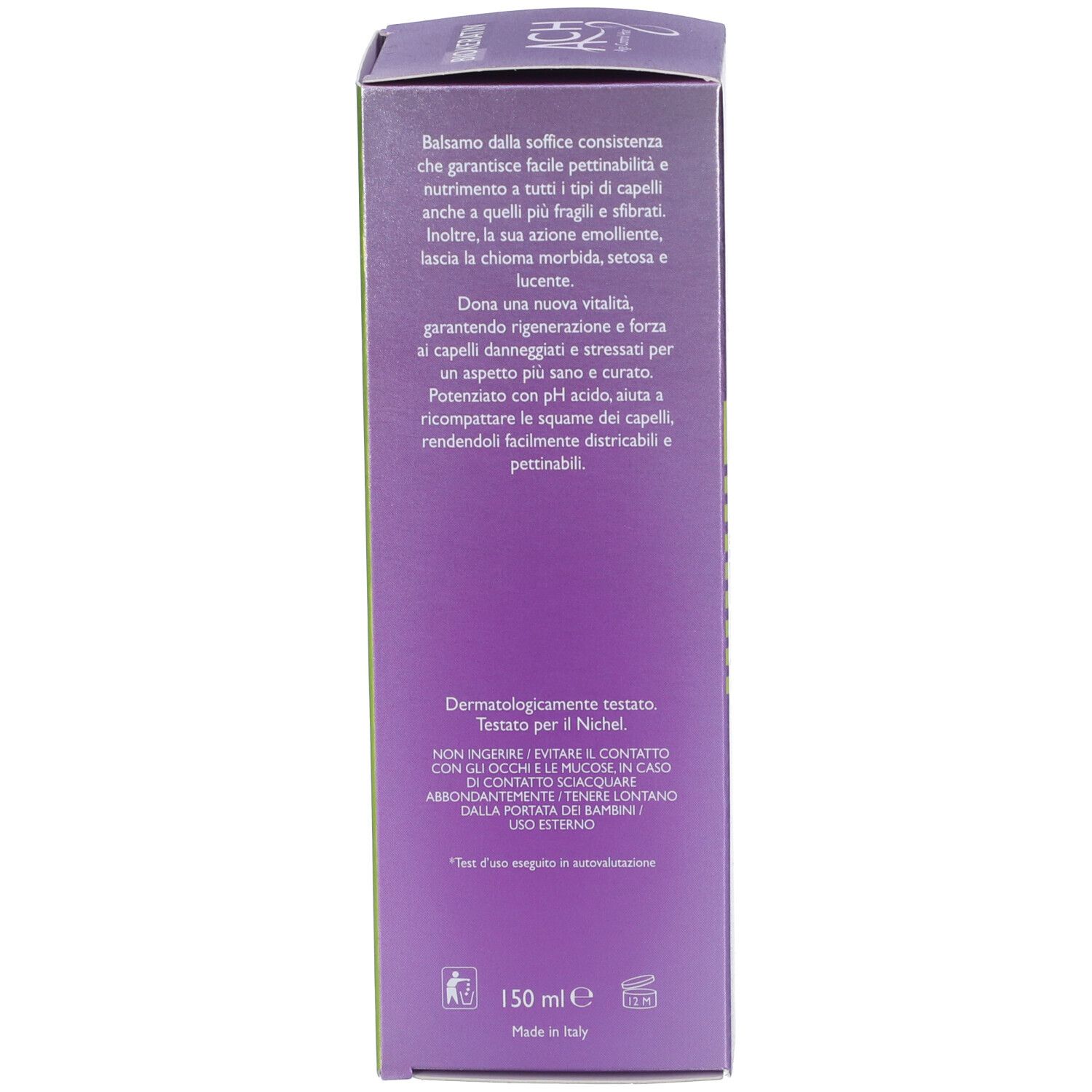 Confezione del prodotto. Testo laterale. Descrizione del prodotto e ingredienti. 150 ml.