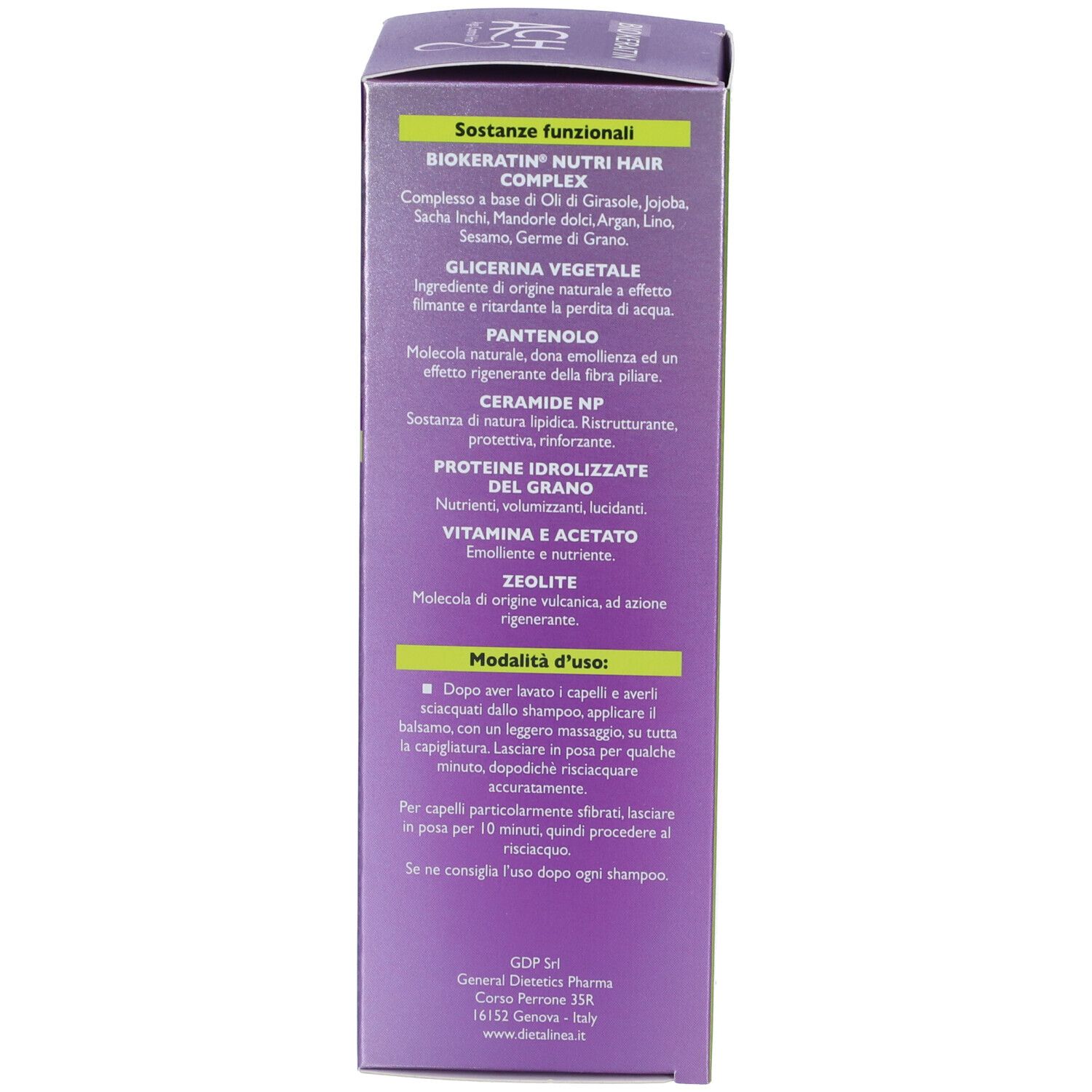 Confezione del prodotto. Testo: Ingredienti e istruzioni per l'uso. Informazioni del produttore.