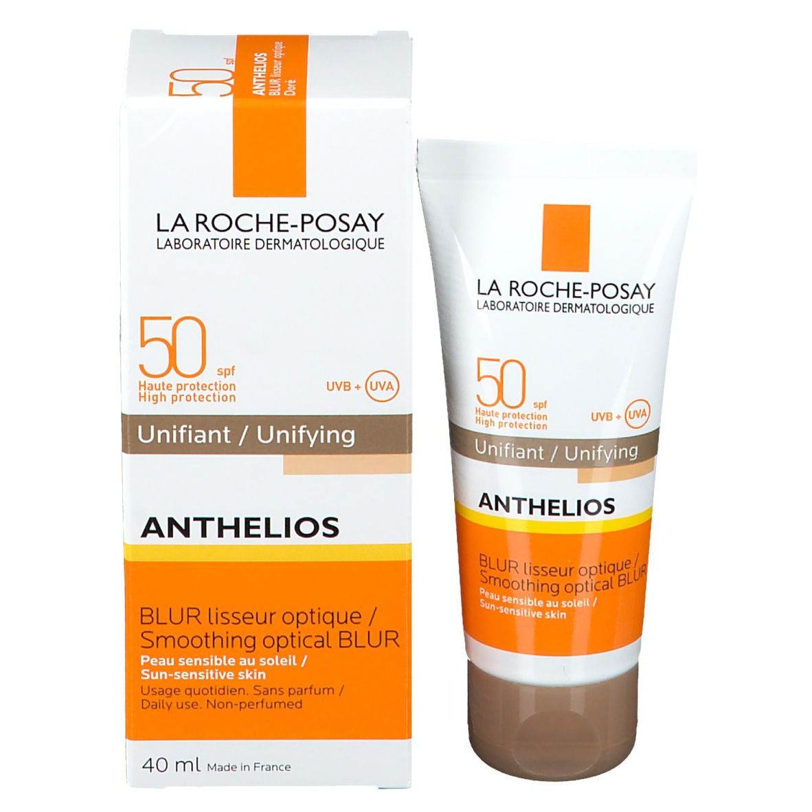 Confezione e tubo del prodotto. Marca La Roche-Posay. Nome Anthelios. SPF 50. Tonalità Unifiant. Tappo marrone.