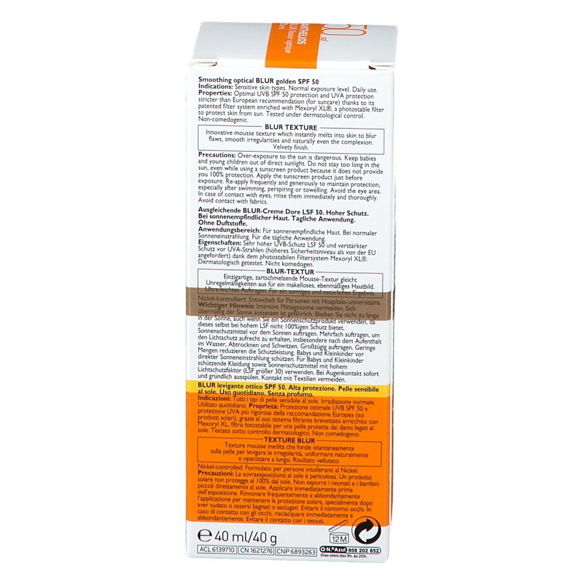 Confezione del prodotto, lato. Marca La Roche-Posay. Nome Anthelios. SPF 50. Testo e informazioni.