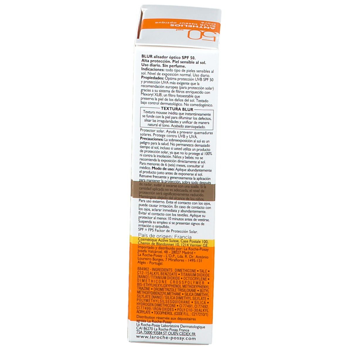 Confezione del prodotto, lato. Marca La Roche-Posay. Nome Anthelios. SPF 50. Testo e informazioni.