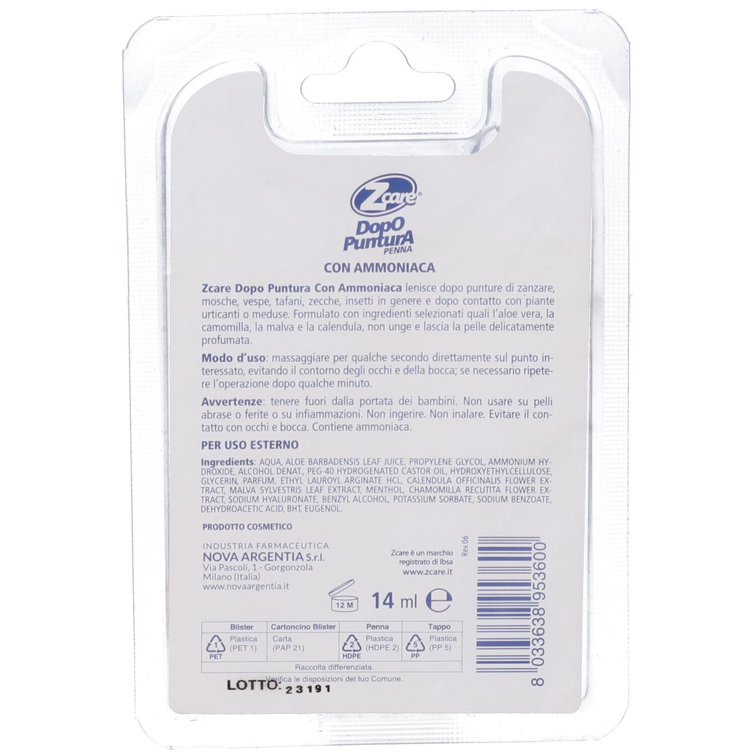 Retro confezione Zcare After Sting mit Ammoniak. Testo e ingredienti. Contenuto 14 ml.