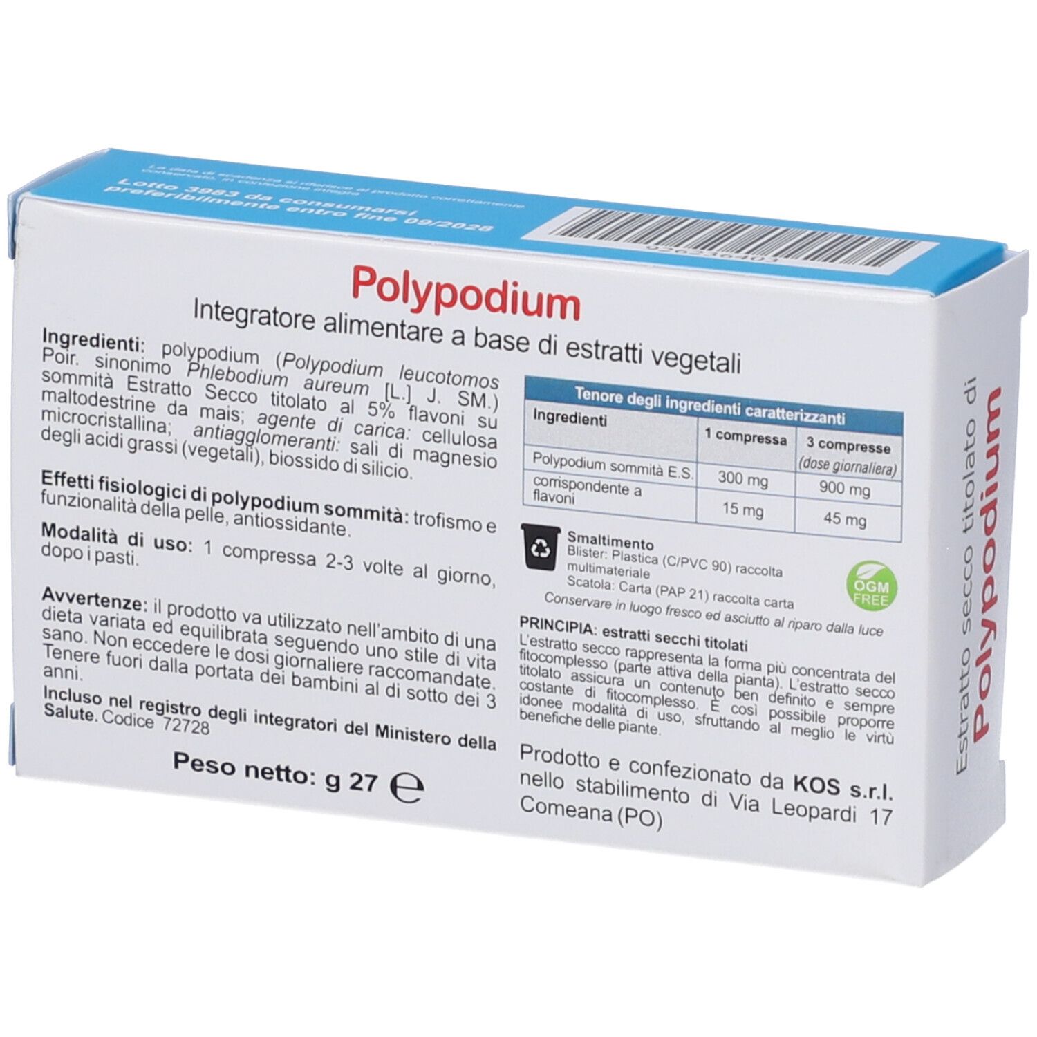 Retro scatola KOS Polypodium Compresse. Testo: Ingredienti, peso 27 g. Logo KOS.
