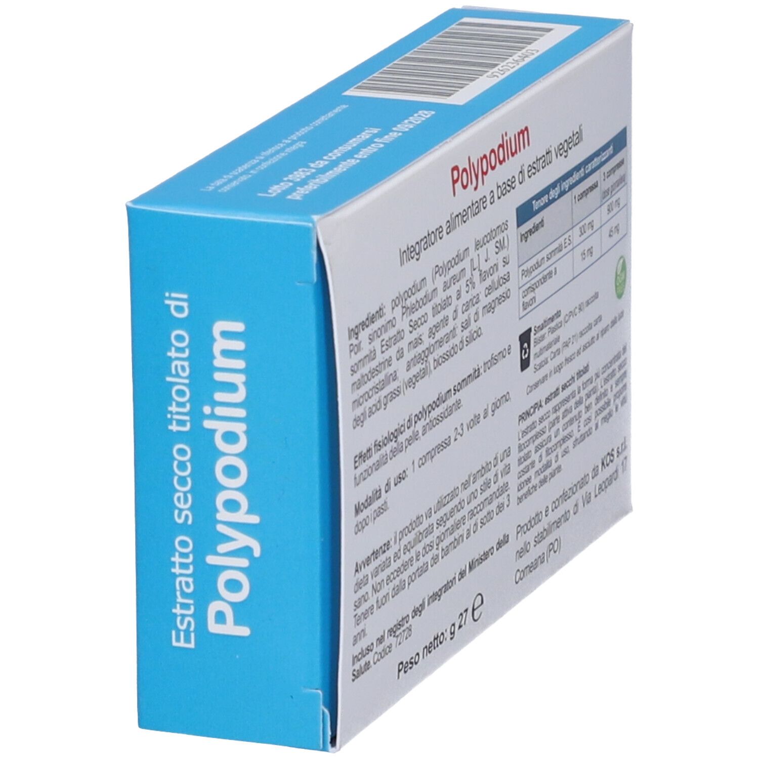 Scatola KOS Polypodium Compresse in diagonale. Testo: Ingredienti, peso 27 g. Logo KOS.