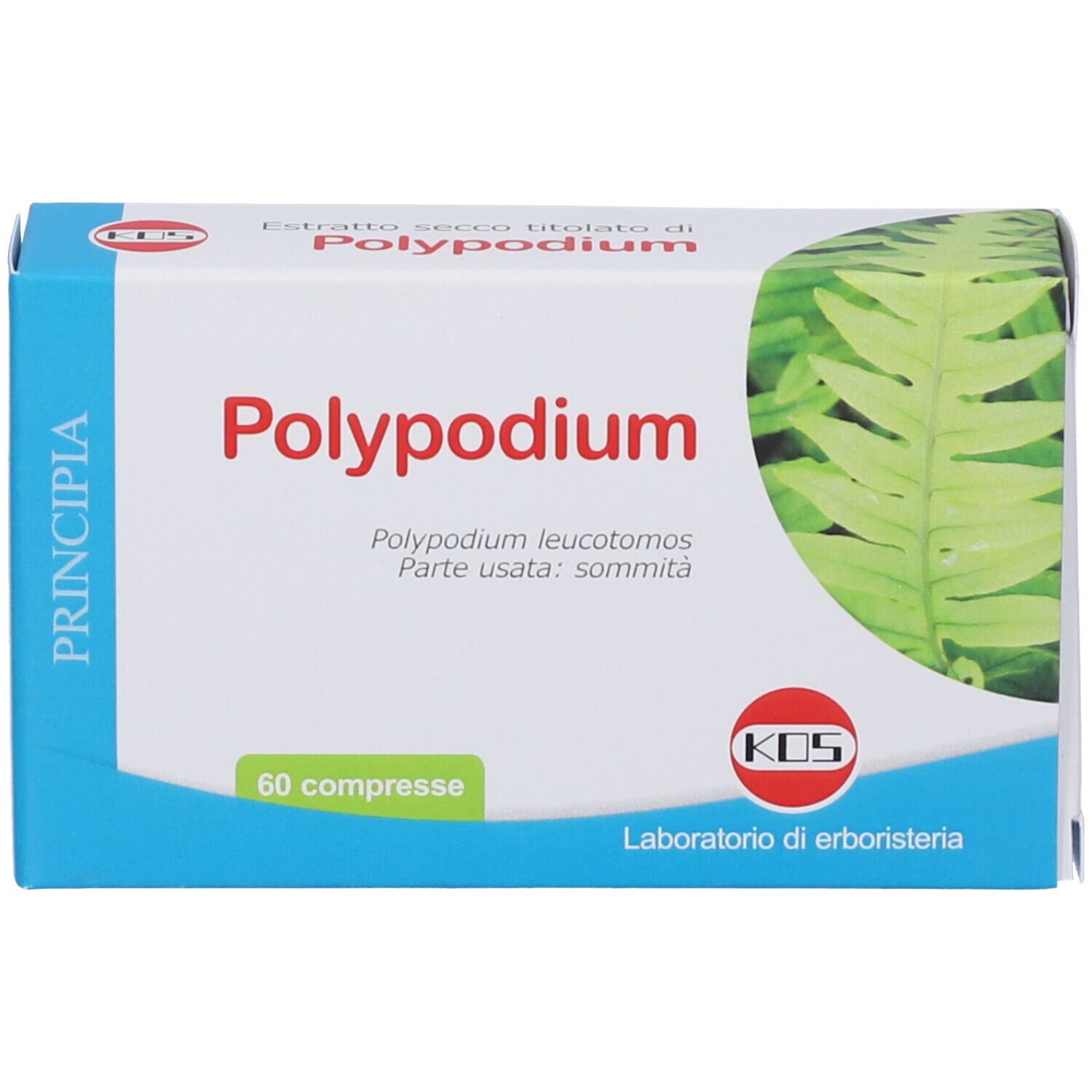 Scatola KOS Polypodium Compresse. Scritto: Polypodium, 60 compresse. Logo KOS.