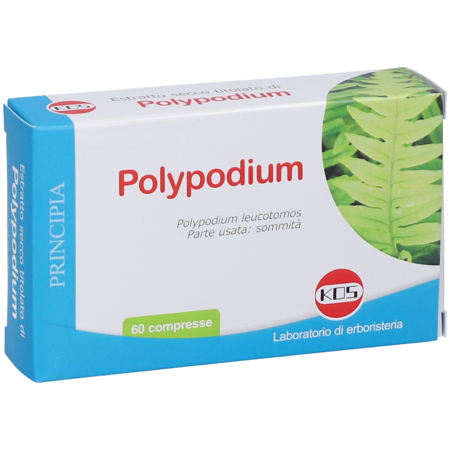 Scatola KOS Polypodium Compresse. Scritto: Polypodium, 60 compresse. Logo KOS.