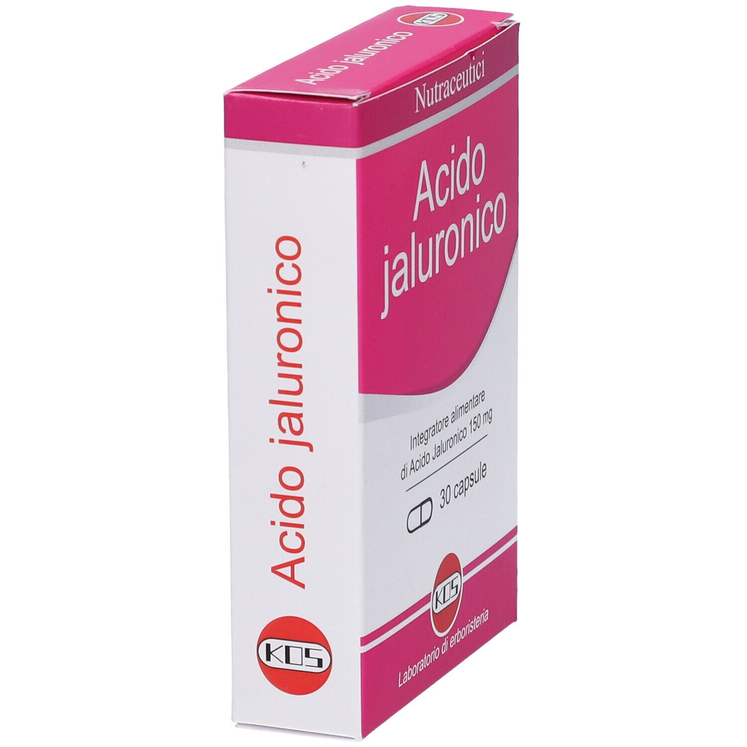 Scatola di capsule, vista laterale. Rosa e bianca, con 'Acido jaluronico' e marchio KOS. Contiene 30 capsule.