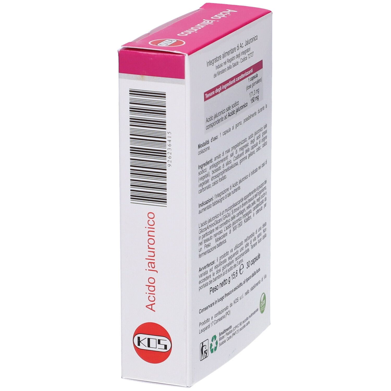 Scatola di capsule, vista obliqua. Rosa e bianca, con 'Acido jaluronico' e marchio KOS. 30 capsule.