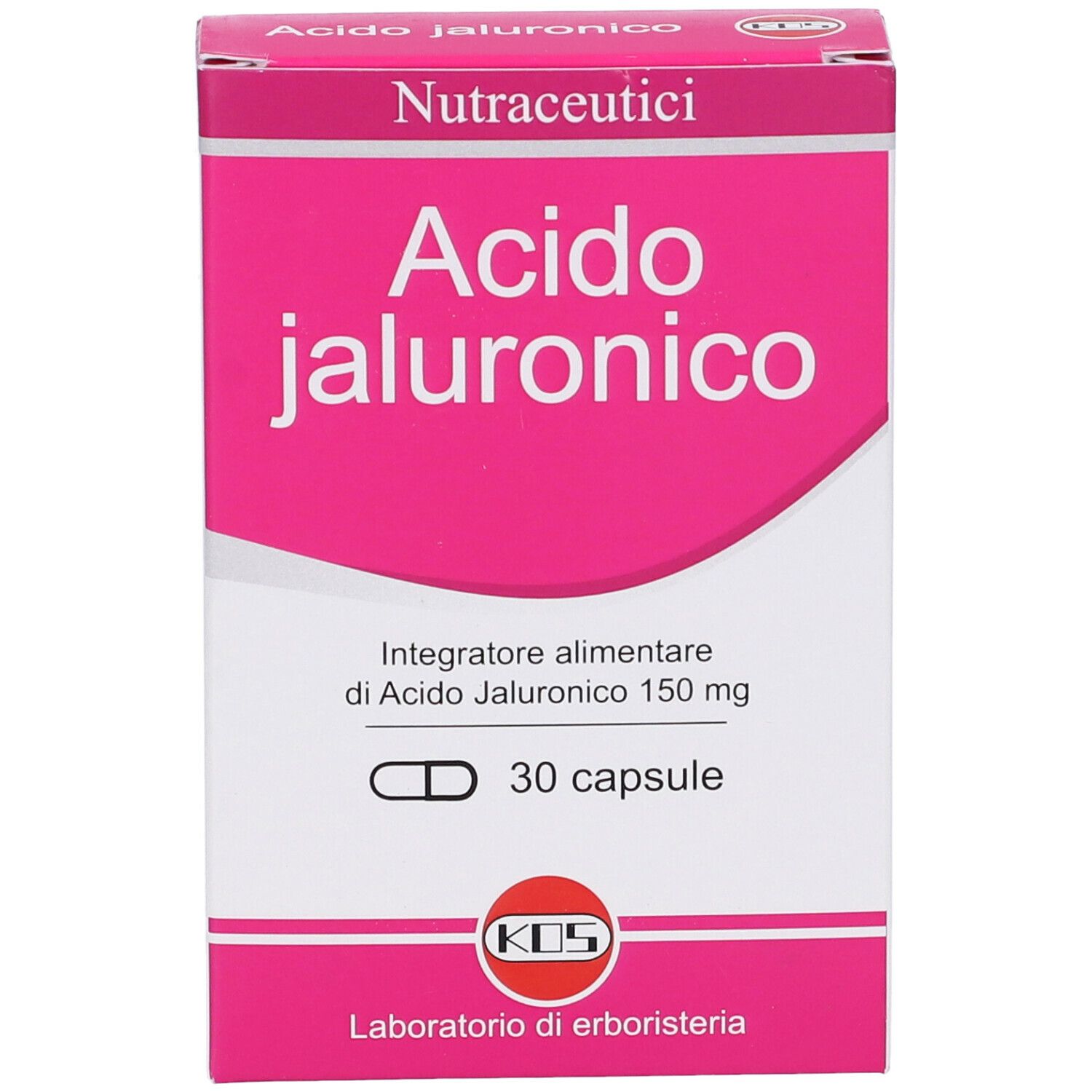 Scatola di capsule 'Acido jaluronico'. Rosa e bianca, con '30 capsule'. Marchio KOS. Contiene 150 mg di acido ialuronico.