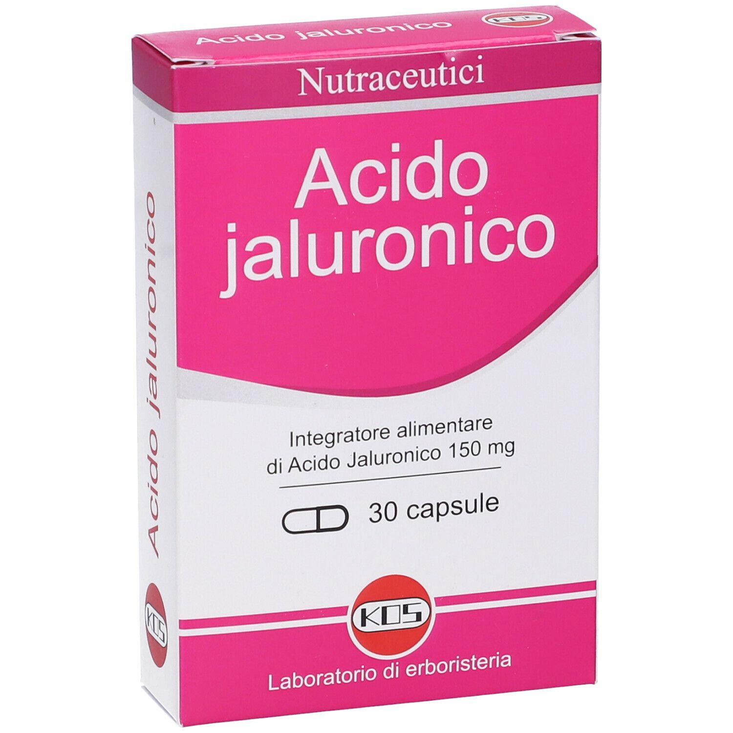 Scatola di capsule 'Acido jaluronico'. Rosa e bianca, con '30 capsule'. Marchio KOS. Contiene 150 mg di acido ialuronico.