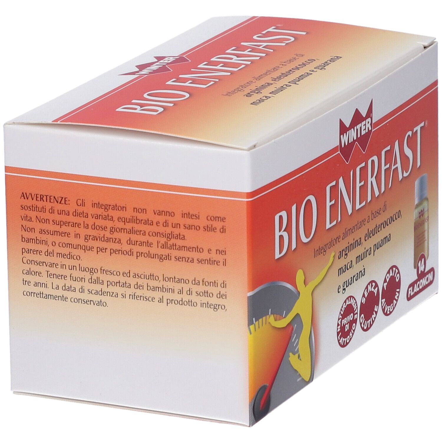 Scatola "BIO ENERFAST" con logo "Winter". Testo avvertenze. Contiene 14 flaconcini. Scritta "14 Flaconcini".