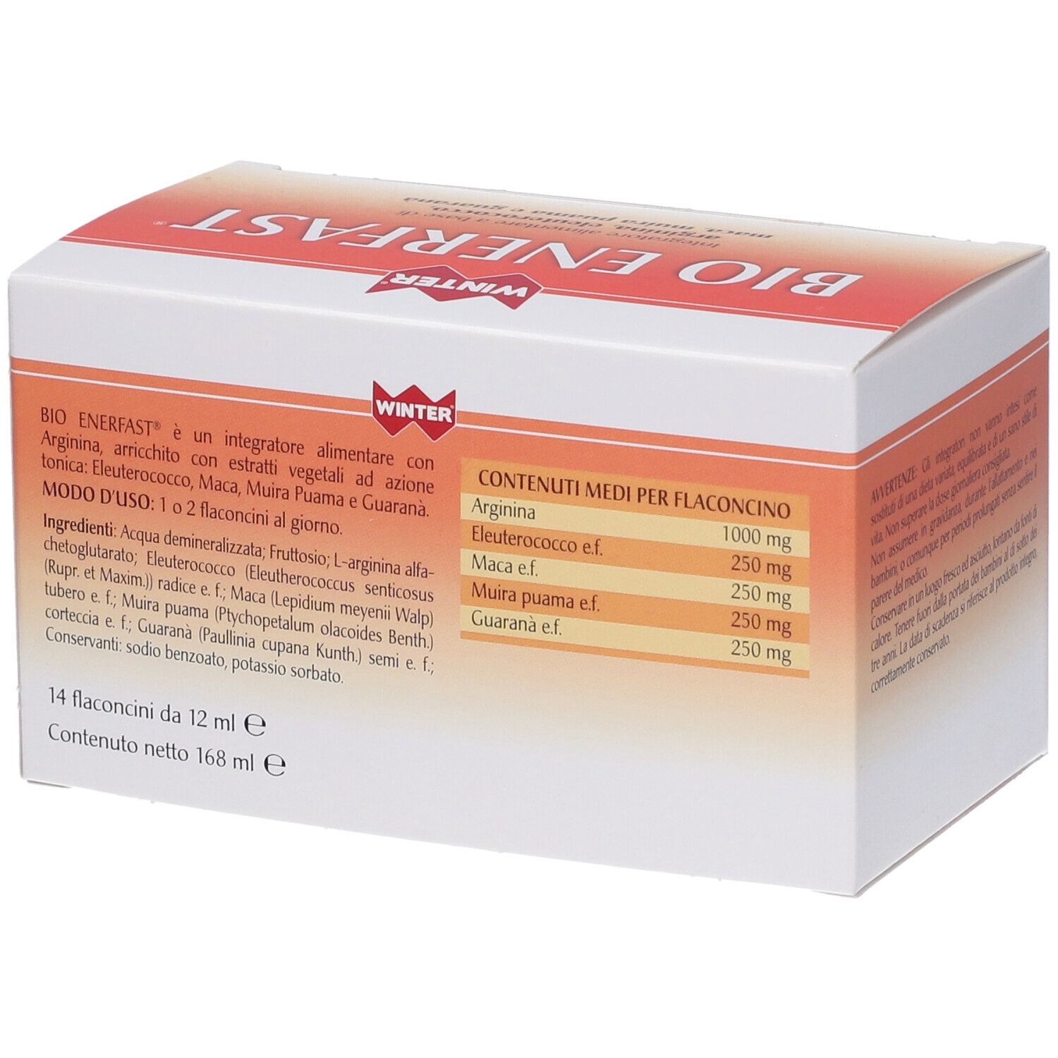 Retro della scatola "BIO ENERFAST". Ingredienti e informazioni nutrizionali. 14 flaconcini, 12 ml ciascuno.