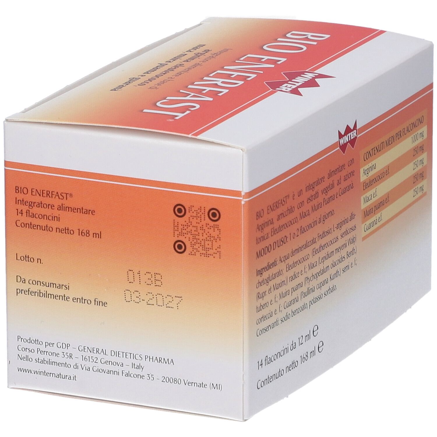 Retro della scatola "BIO ENERFAST". Informazioni di produzione e data di scadenza. 14 flaconcini, 12 ml.